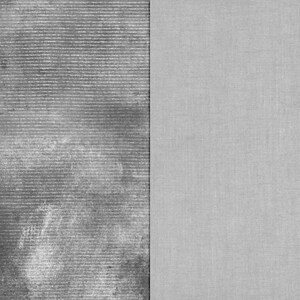 May include: A close-up of two different textured fabrics. The fabric on the left is a gray, textured fabric with a subtle striped pattern. The fabric on the right is a smooth, gray fabric with a subtle woven pattern.