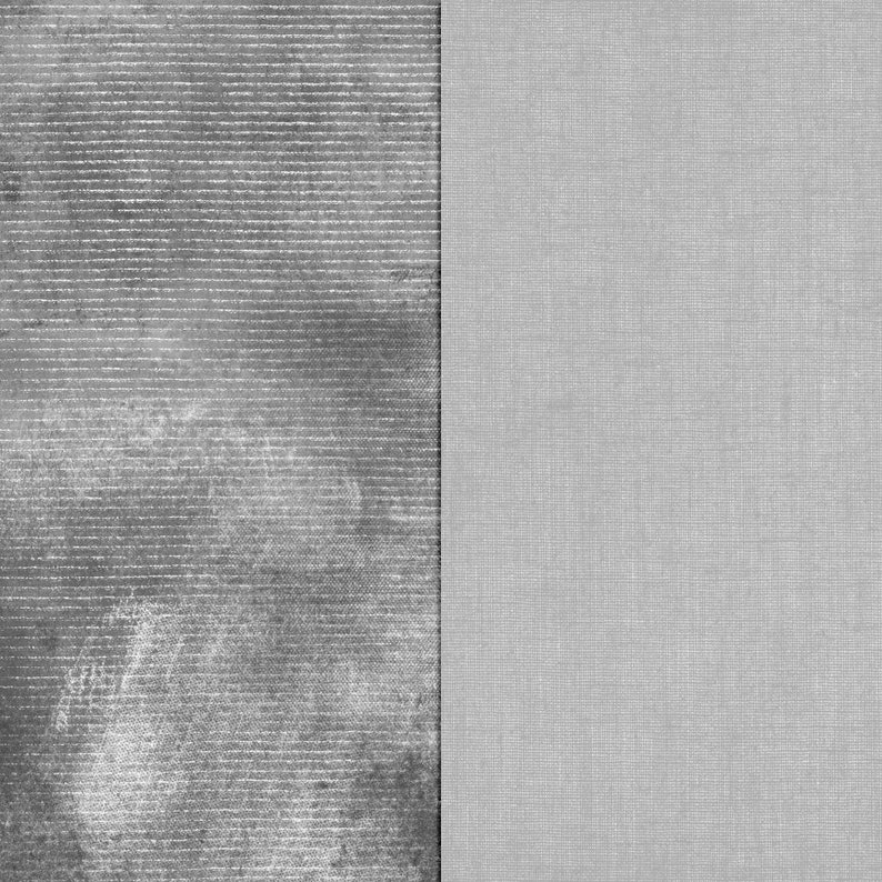 May include: A close-up of two different textured fabrics. The fabric on the left is a gray, textured fabric with a subtle striped pattern. The fabric on the right is a smooth, gray fabric with a subtle woven pattern.