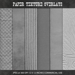 May include: Five different paper textures in grayscale. The textures include a bumpy, corrugated, woven, cracked, and crinkled paper. JPEG @ 300 DPI 12 x 12 inches Commercial Use.