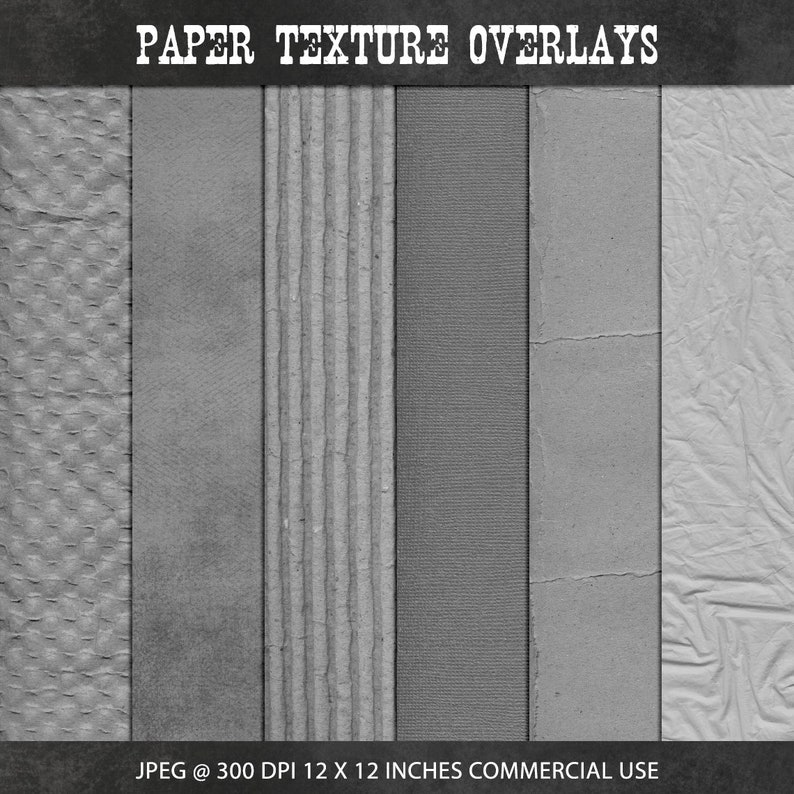 May include: Five different paper textures in grayscale. The textures include a bumpy, corrugated, woven, cracked, and crinkled paper. JPEG @ 300 DPI 12 x 12 inches Commercial Use.
