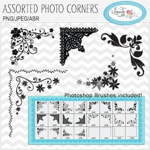 May include: A set of 16 black and white photo corner designs. The corners are in a variety of styles, including floral, geometric, and ornate. The designs are perfect for adding a touch of elegance to your photos. The text "Photoshop Brushes included!" is at the bottom of the image.