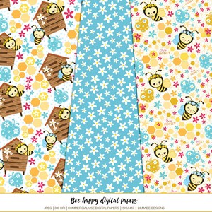 Puede incluir: Tres dise&ntilde;os de papel digital con abejas, flores y panales. Un dise&ntilde;o tiene un fondo azul con flores blancas. Otro muestra abejas cerca de colmenas y panales. El tercer dise&ntilde;o tiene abejas, flores y panales con el texto "Pure Honey".
