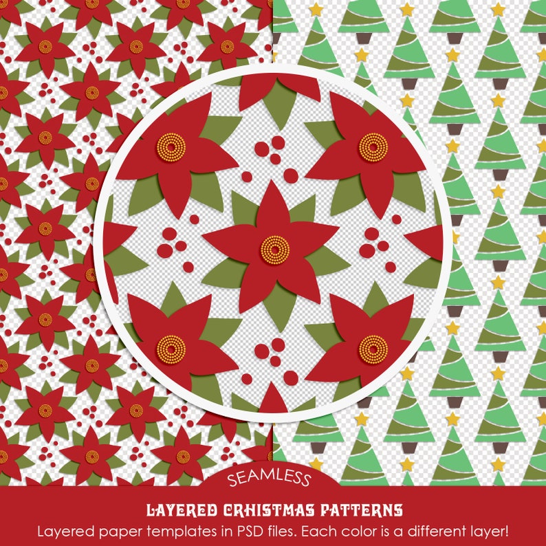 May include: Seamless Christmas patterns featuring poinsettias and Christmas trees. The poinsettias are red with green leaves and yellow centers. The Christmas trees are green with yellow stars. The image includes the text "SEAMLESS LAYERED CHRISTMAS PATTERNS".