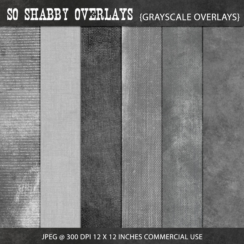May include: Five grayscale digital paper textures with a distressed, vintage look. Each texture is 12 inches by 12 inches and 300 DPI.  These textures are perfect for adding a vintage, distressed look to your digital designs.