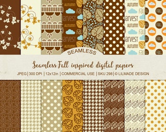 May include: A collection of seamless digital papers with fall-inspired patterns. Designs include leaf motifs, polka dots, and houndstooth in shades of brown, beige, and gold. The text reads "Seamless Fall inspired digital papers".