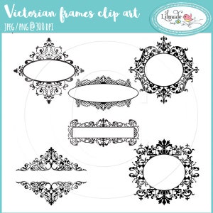 May include: Set of six black and white Victorian-style frames with ornate designs. The frames are perfect for adding a touch of elegance to any project.