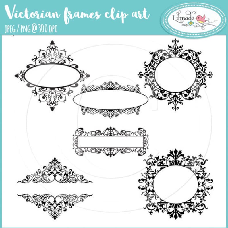 May include: Set of six black and white Victorian-style frames with ornate designs. The frames are perfect for adding a touch of elegance to any project.