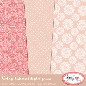 May include: Three digital paper designs in pink and white. The first design features a distressed floral pattern. The second design features a polka dot pattern. The third design features a large floral pattern. The text "Vintage distressed digital papers" is at the bottom of the image.