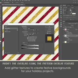 May include: A digital design featuring a festive pattern with diagonal stripes in gold glitter and burgundy glitter on a cream background. The image shows a software interface with options for modifying the overlay and adding glitter textures for holiday projects.