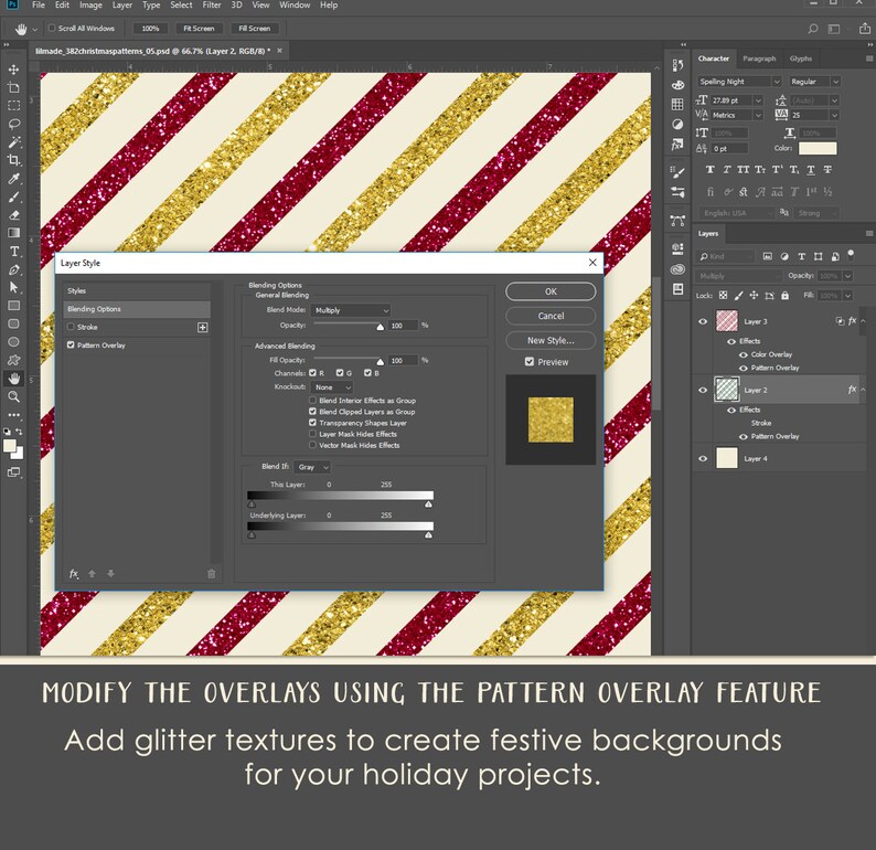 May include: A digital design featuring a festive pattern with diagonal stripes in gold glitter and burgundy glitter on a cream background. The image shows a software interface with options for modifying the overlay and adding glitter textures for holiday projects.