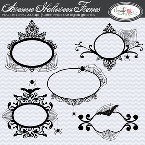 May include: Four black and white Halloween frames with ornate designs and spiderwebs. Each frame has a spider or bat hanging from it.