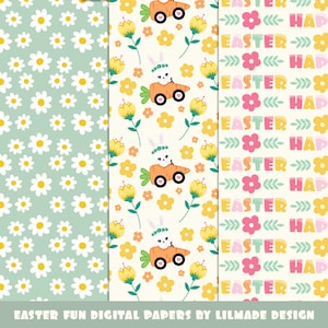 Digitalt påskpapper med söta påskhare-cliparts, påskägg och handritade vårblommönster. Kommersiellt bruk, P468 bild 3