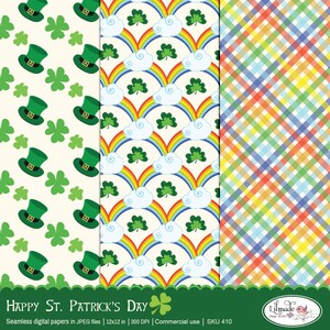 May include: Three digital paper designs for St. Patrick's Day. The first design features green shamrocks and leprechaun hats on a white background. The second design features rainbows, clouds, and shamrocks on a white background. The third design features a plaid pattern in shades of green, blue, yellow, orange, and red.