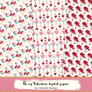 May include: Three digital paper designs featuring Valentine's Day themes. The first design has a pattern of red, pink, and blue hearts in envelopes with the text "Hello Love". The second design has a pattern of pink, red, and blue hearts on a string with gold beads. The third design has a pattern of red cupid silhouettes with hearts.