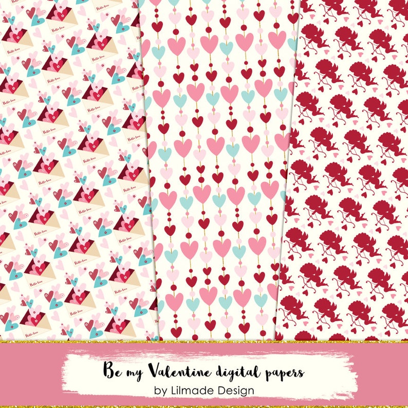 May include: Three digital paper designs featuring Valentine's Day themes. The first design has a pattern of red, pink, and blue hearts in envelopes with the text "Hello Love". The second design has a pattern of pink, red, and blue hearts on a string with gold beads. The third design has a pattern of red cupid silhouettes with hearts.