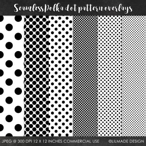 May include: Set of five seamless polka dot patterns in black and white. The patterns feature different sized dots and spacing. The patterns are 12 inches by 12 inches and 300 DPI.