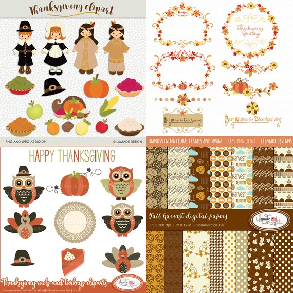 Thanksgiving clipart and paper bundle, Thanksgiving floral wreath, pilgrim clipart, Native American clipart,turkey, pumkin, cornucopia P 333 Il_570xn