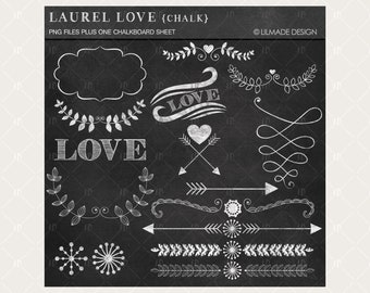 Chalkboard clipart featuring hearts and arrows, laurel wreaths, chalkboard frames, hand drawn dividers and borders and chalkboard paper P150