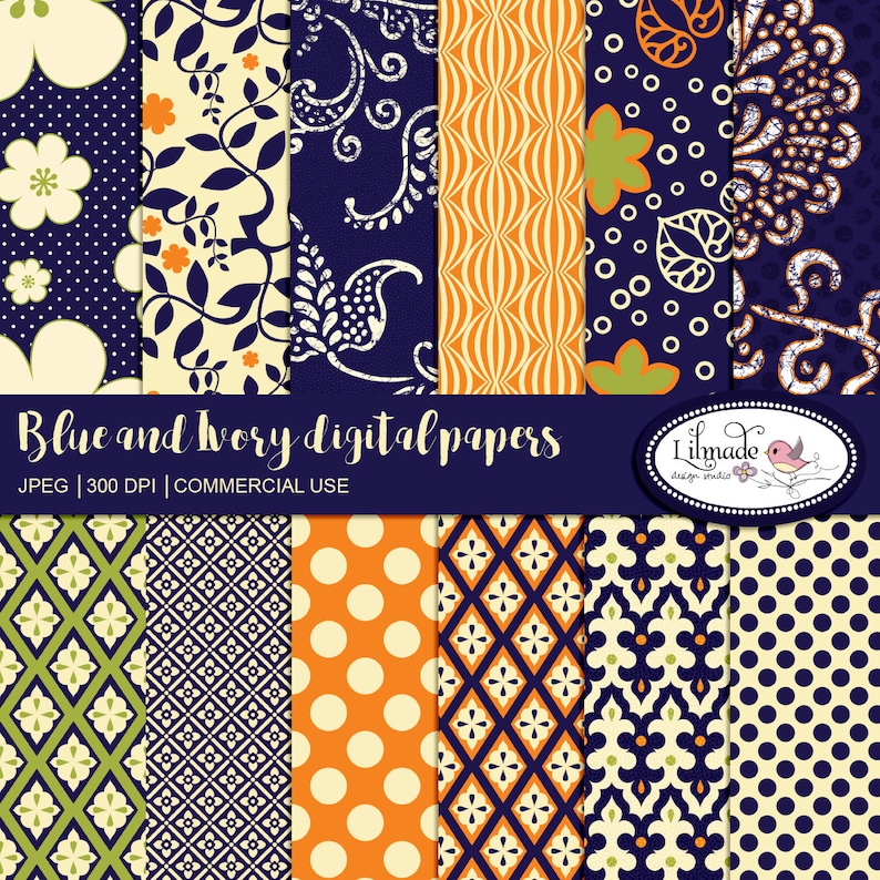 Peut inclure: Un ensemble de 12 papiers num&eacute;riques pr&eacute;sentant une vari&eacute;t&eacute; de motifs en bleu, ivoire, orange et vert. Les motifs comprennent des motifs floraux, paisley, g&eacute;om&eacute;triques et &agrave; pois. Le texte "Blue and Ivory digital papers" est affich&eacute; en bas de l'image.