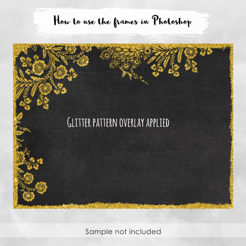 May include: A black background with a gold glitter frame. The frame is decorated with a floral pattern. The text "Glitter Pattern Overlay Applied" is in the center of the image.