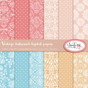 May include: Set of 10 digital papers featuring vintage distressed patterns in white on a variety of pastel backgrounds. The patterns include floral, polka dot, and damask designs. The papers are 12 inches by 12 inches and 300 DPI.