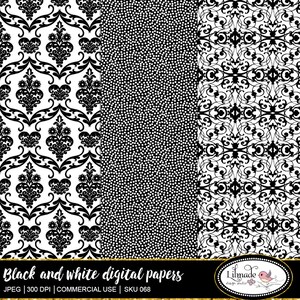 Black and White Digital Paper Pack, Stripe, Damask, Lace (JPEG) image 3