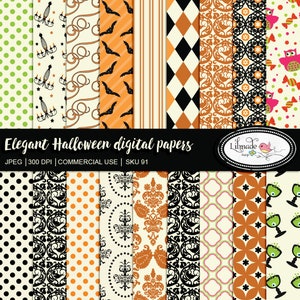 May include: A set of 12 digital papers featuring Halloween themed patterns in orange, black, green, and white. The patterns include bats, owls, polka dots, and damask designs. The text "Elegant Halloween digital papers" is at the top of the image. The text "JPEG 300 DPI | COMMERCIAL USE | SKU 91" is below the title. The text "Lilmade Design" is in the bottom right corner of the image.