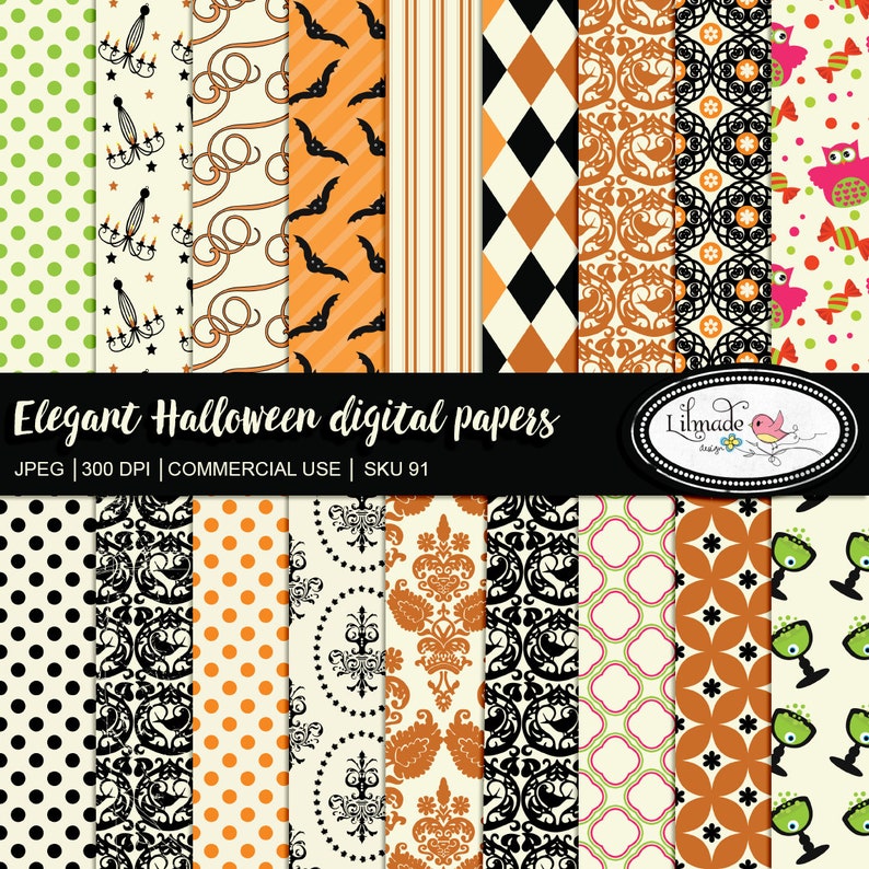 May include: A set of 12 digital papers featuring Halloween themed patterns in orange, black, green, and white. The patterns include bats, owls, polka dots, and damask designs. The text "Elegant Halloween digital papers" is at the top of the image. The text "JPEG 300 DPI | COMMERCIAL USE | SKU 91" is below the title. The text "Lilmade Design" is in the bottom right corner of the image.