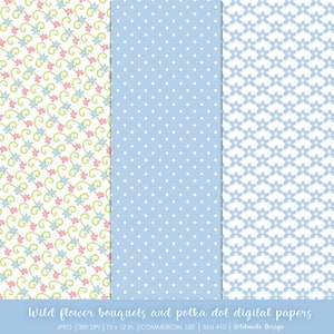 Puede incluir: Tres dise&ntilde;os de papel digital: un fondo blanco con flores azules y rosas y enredaderas verdes, un fondo azul claro con lunares blancos y un fondo blanco con flores azules.
