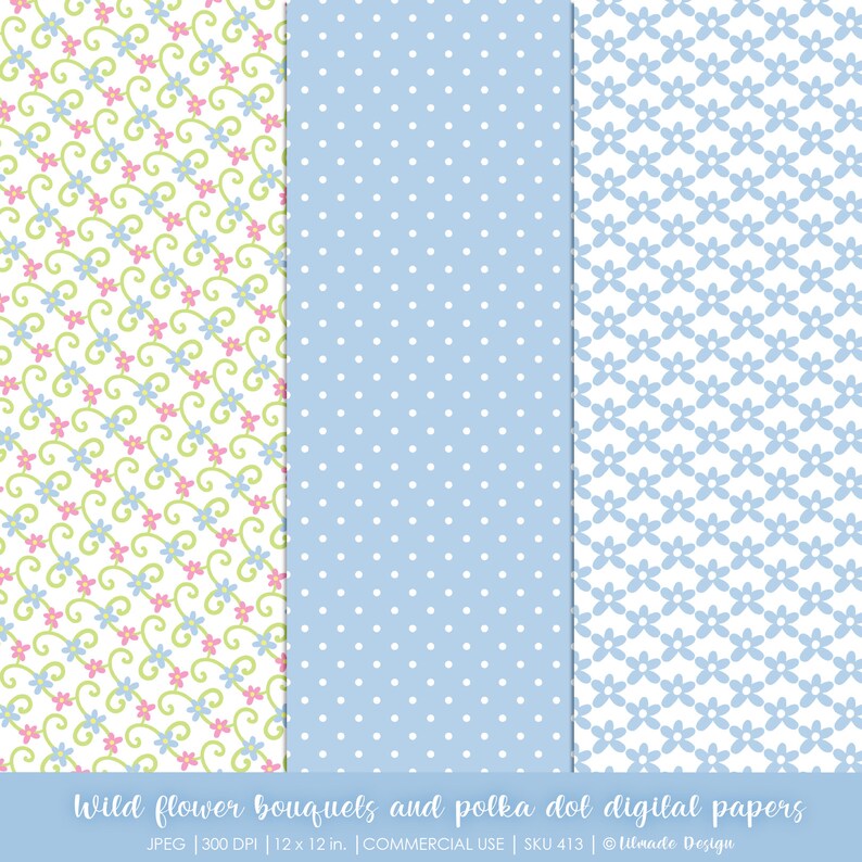 Puede incluir: Tres dise&ntilde;os de papel digital: un fondo blanco con flores azules y rosas y enredaderas verdes, un fondo azul claro con lunares blancos y un fondo blanco con flores azules.