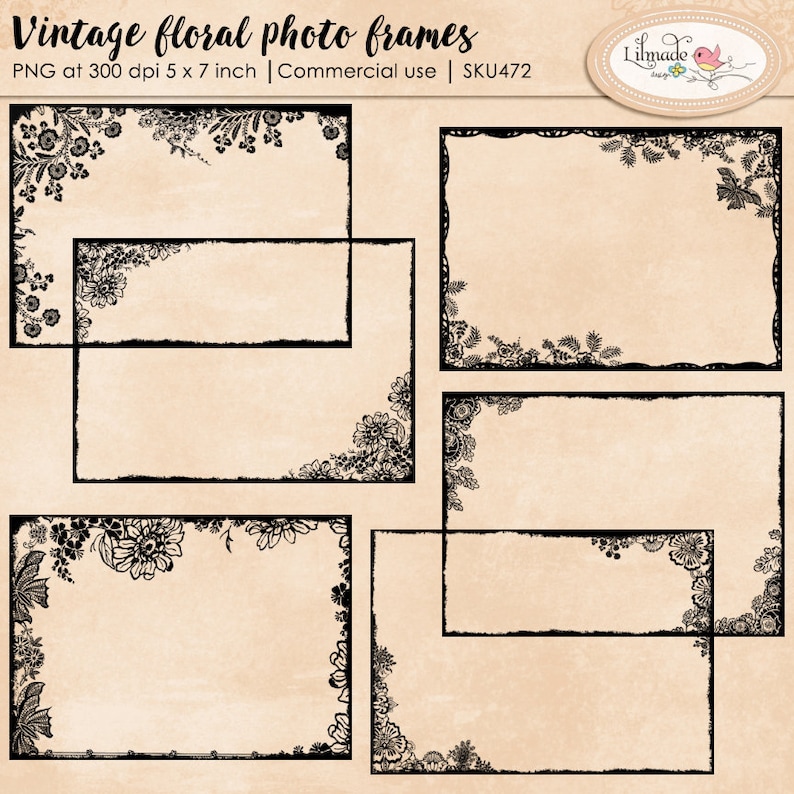 May include: Set of six black and white floral photo frames with a distressed edge. The frames are 5 inches by 7 inches and are perfect for adding a vintage touch to your photos.