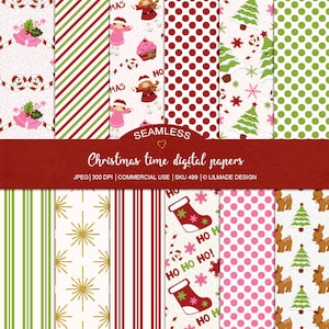 Seamless Christmas digital paper, seamless Christmas patterns, holiday scrapbook paper, commercial use, kawaii Christmas, planner P499