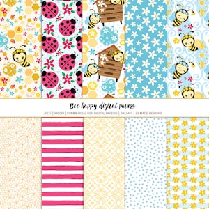 Puede incluir: Colecci&oacute;n de papeles digitales con varios patrones. Los dise&ntilde;os incluyen abejas, mariquitas, flores, panales y rayas en amarillo, rosa, azul y blanco. Se muestra el texto "Bee happy digital papers".