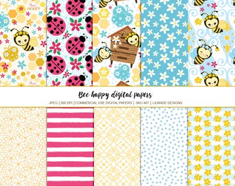 Bee digital paper, ladybug paper, beehive digital paper, nature, earth, bees, save the bees, spring, planner paper, commercial paper, P487