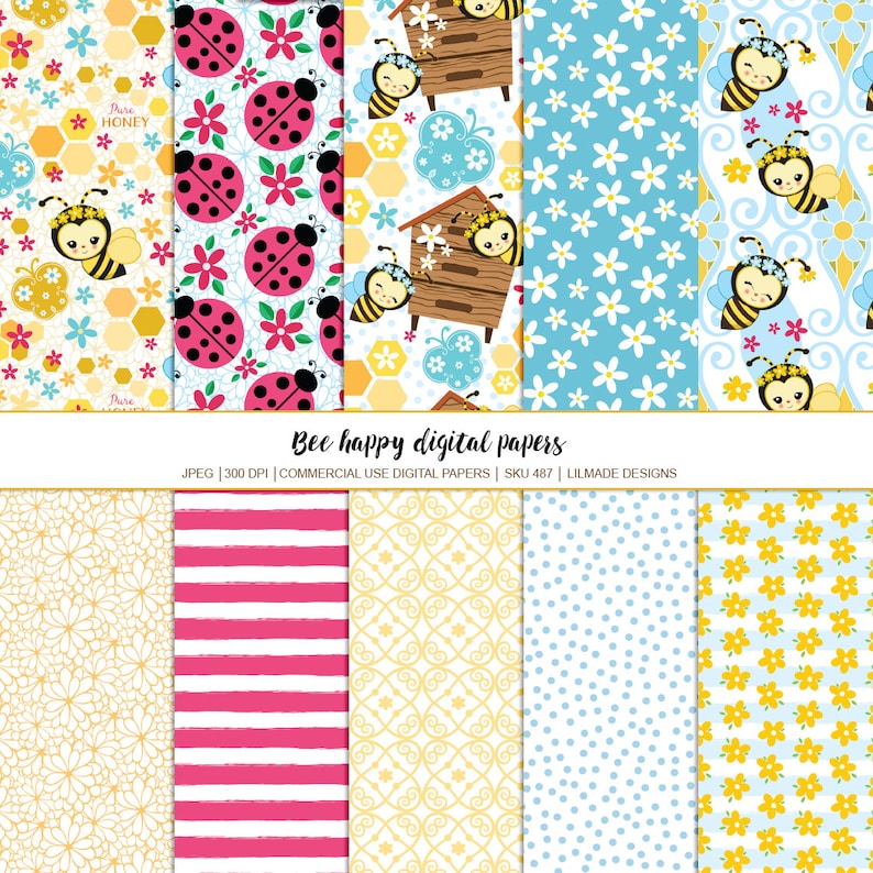 Puede incluir: Colecci&oacute;n de papeles digitales con varios patrones. Los dise&ntilde;os incluyen abejas, mariquitas, flores, panales y rayas en amarillo, rosa, azul y blanco. Se muestra el texto "Bee happy digital papers".