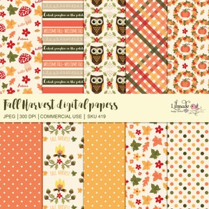 Puede incluir: Un conjunto de 10 papeles digitales con temas de cosecha de oto&ntilde;o. Los papeles incluyen patrones de b&uacute;hos, calabazas, hojas, lunares, cuadros y fogatas. Los papeles son perfectos para scrapbooking, creaci&oacute;n de tarjetas y otros proyectos de manualidades.