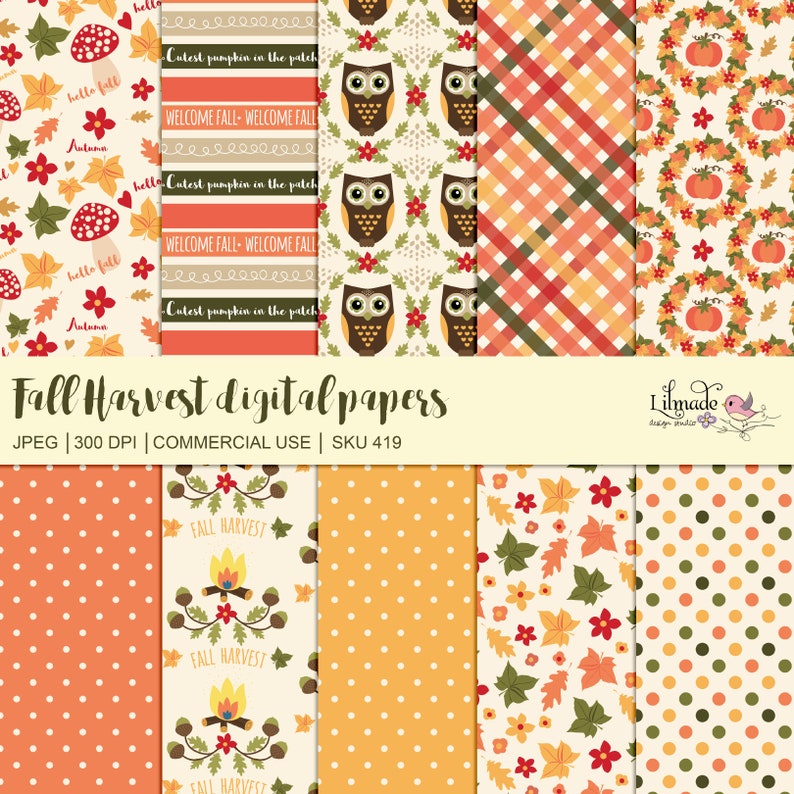 Puede incluir: Un conjunto de 10 papeles digitales con temas de cosecha de oto&ntilde;o. Los papeles incluyen patrones de b&uacute;hos, calabazas, hojas, lunares, cuadros y fogatas. Los papeles son perfectos para scrapbooking, creaci&oacute;n de tarjetas y otros proyectos de manualidades.