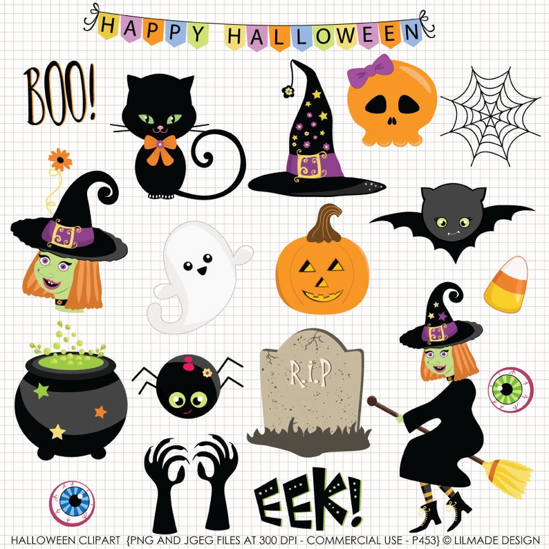 May include: A collection of Halloween-themed clip art featuring a black cat, witch, pumpkin, ghost, spider, bat, and other spooky elements. Includes the words "BOO!" and "EEK!" and a banner that says "HAPPY HALLOWEEN".