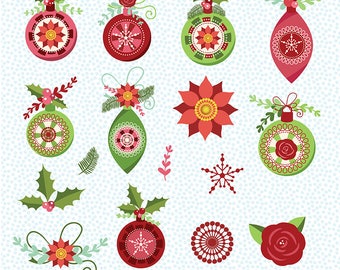 Christmas clipart, Christmas ornament clipart, poinsettia clipart, rose clipart, snowflake clipart, holly berry, vector clipart, P 423