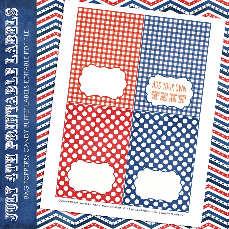 K&ouml;nnte beinhalten: Druckbare Etiketten zum 4. Juli mit roten und blauen Mustern. Die Etiketten enthalten Vichy- und Polka-Dot-Designs mit Platz zum Hinzuf&uuml;gen von Text. Der Text "ADD YOUR OWN TEXT" ist auf einem Etikett sichtbar. Das Design ist patriotisch.