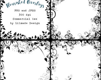 May include: Four black and white floral corner designs with a grunge texture. The text "Flourished Overlays" is at the top of the image. The text "PNG and JPEG 300 dpi Commercial Use by Lilmade Design" is below the floral designs.