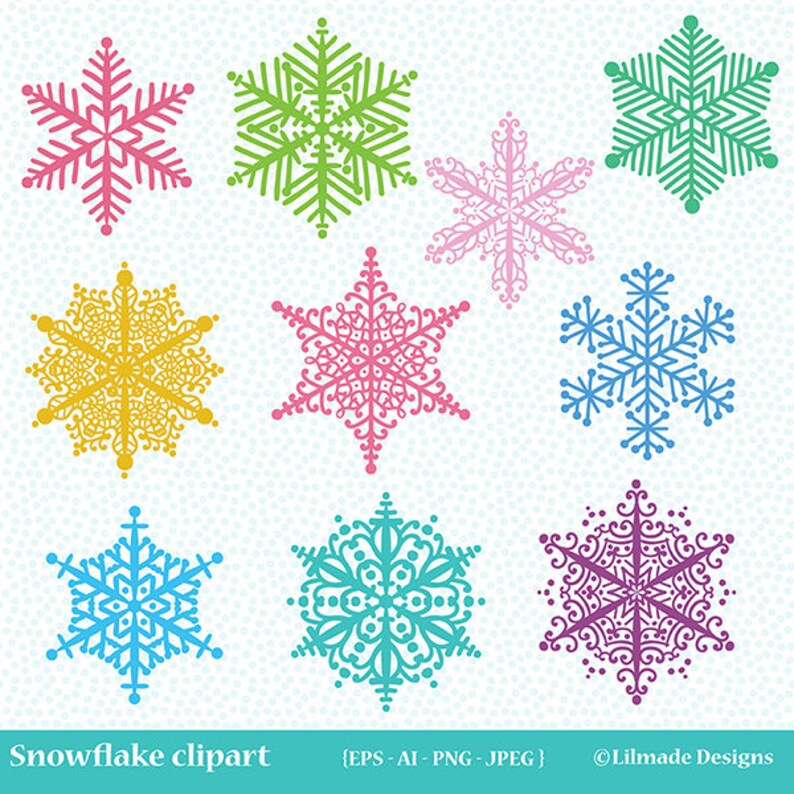 May include: A collection of nine colorful snowflake clipart designs in various shades of pink, green, yellow, blue, and purple. Each snowflake has a unique, intricate pattern. The text "Snowflake clipart" is at the bottom.