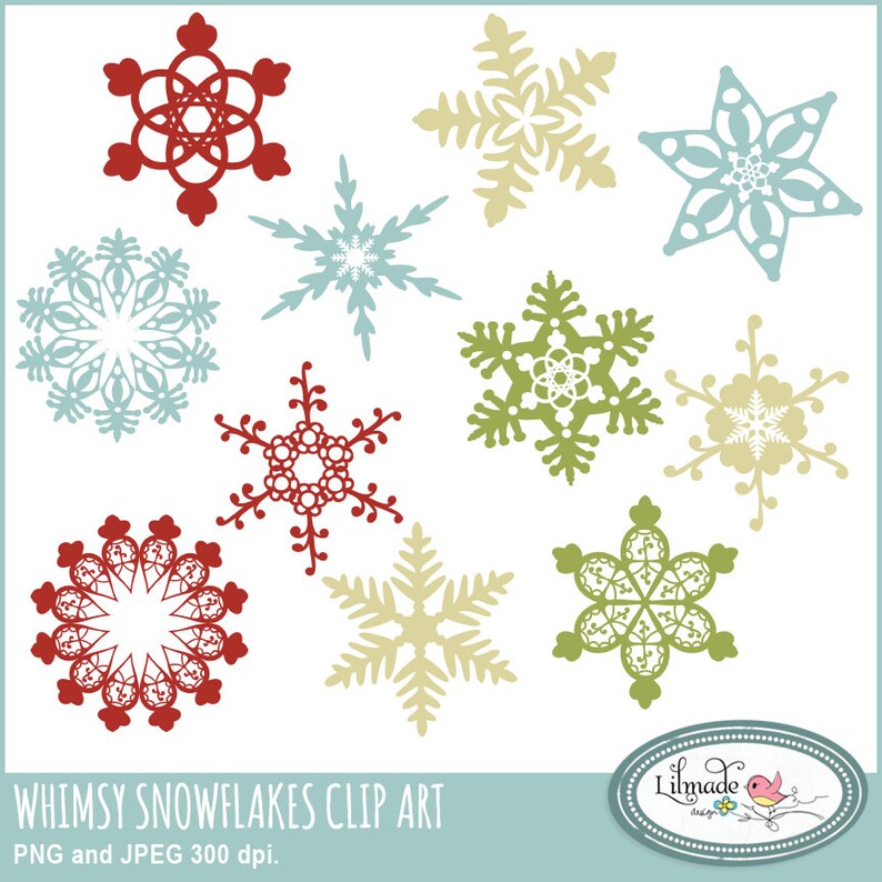 May include: A set of ten whimsical snowflake clip art images in red, green, blue, and beige. The snowflakes are all different designs and are perfect for adding a festive touch to your projects.