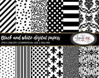 Black and white digital paper featuring stripe paper, spotty pattern, fleur-de-lis, lace, damask for planner design and scrapbooking, P42