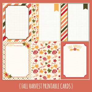 May include: A collection of printable fall harvest cards with various designs. The cards feature grid backgrounds, decorative borders, and autumn-themed illustrations like leaves, mushrooms, and floral accents. Text includes "Celebrate the little things," "Hello Fall," and "Fall Harvest."