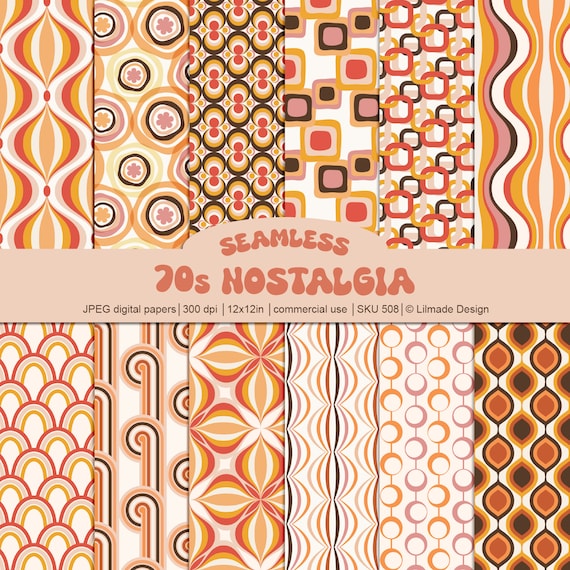 70s Retro Seamless Patterns, Mid-century Digital Paper (digital