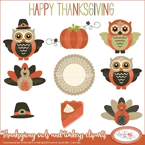 May include: A set of Thanksgiving-themed clip art featuring owls and turkeys. The clip art includes a pumpkin, a pie, a lace doily, and a pilgrim hat. The owls and turkeys are wearing pilgrim hats and have orange, brown, and green feathers.