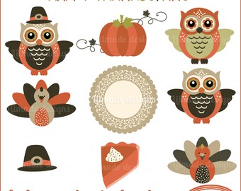 Thanksgiving Clipart Set, Folk Owls, Turkey, Pie (eps, ai, png, jpeg)