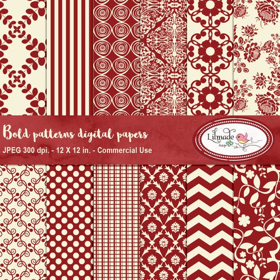 Christmas digital paper in red and ivory, damask digital paper, vintage floral paper, chevron digital paper,lace digital paper, P10 Il_570xn