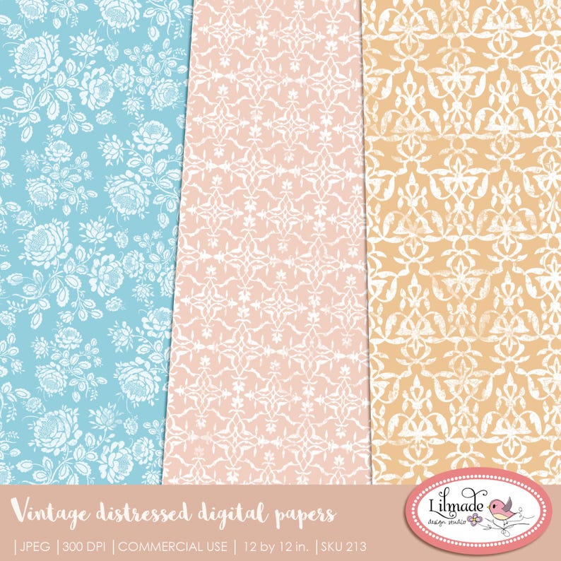 May include: Three digital paper designs in a vintage style. The first design is a light blue background with a white floral pattern. The second design is a light pink background with a white geometric pattern. The third design is a light orange background with a white geometric pattern. The text "Vintage distressed digital papers" is at the bottom of the image.